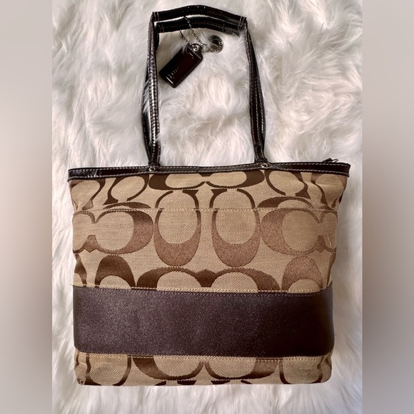 Coach Signature Stripe Tote Bag Brown and Tan Classic Style - Picture 7 of 15